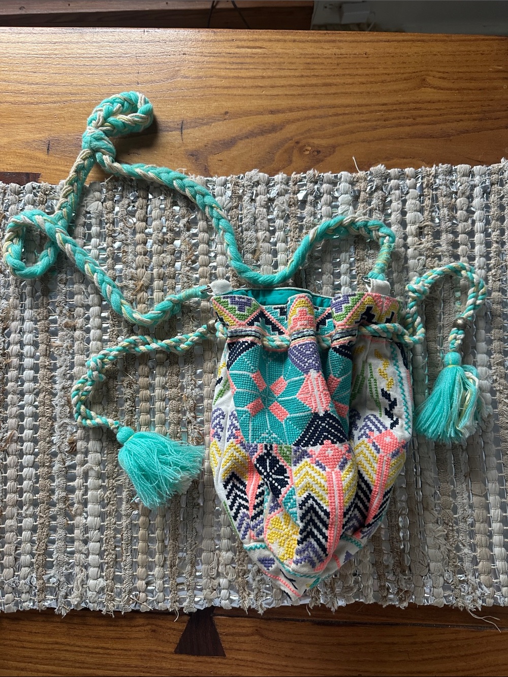 Star Mela Turquoise Multicolor Embroidered Drawstring Bag - crossbody or shoulde